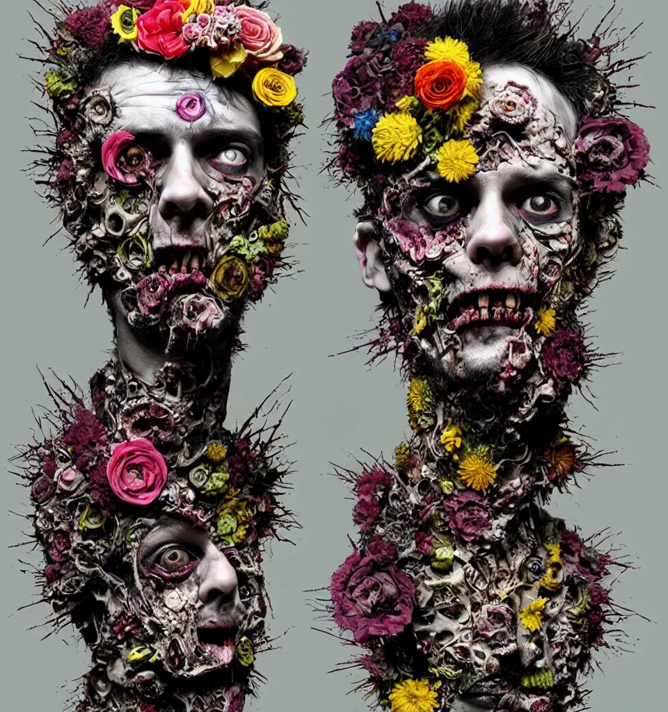 Prompt: zombie, punk rock, young male, bearded, multicolored faces, fruit and flowers, gemstone eyes, botanical, vanitas, sculptural, baroque, rococo, intricate detail, spiral, ornamental, photocopied, kaleidoscopic, dynamic lighting, art by david altmejd