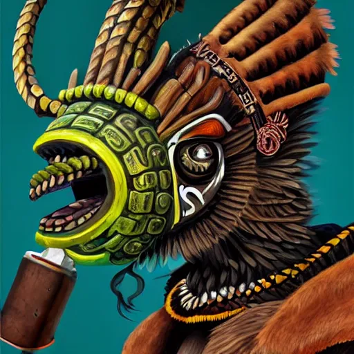 Image similar to a expressive portrait of masked diesel punk quetzalcoatl on the art of mayan ancient culture artstation award - winning realistic sci - f