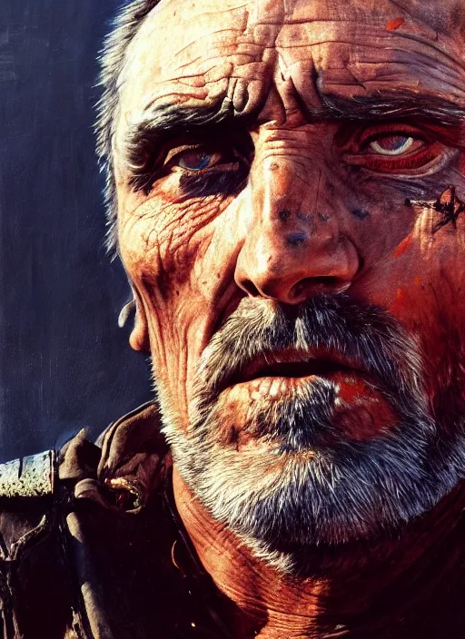 Prompt: portrait of dennis hopper as a scheming warlord character in mad max 2 : the road warrior, film still, detailed realism face in painting, detailed beautiful portrait, oil painting masterpiece, 8 k resolution, smooth, sharp focus, trending on artstation, by rembrandt