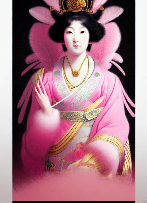 Image similar to stunning japanese godess princess, detailed pink and white million of feathers head peace against a black backdrop by ivan aivazovsky, 3 / 4 view portrait, wlop, super sharp details, photorealism, canon 5 d, 5 0 mm lens, stunning photoshot, beautiful soft lighting, muted colours, artstation