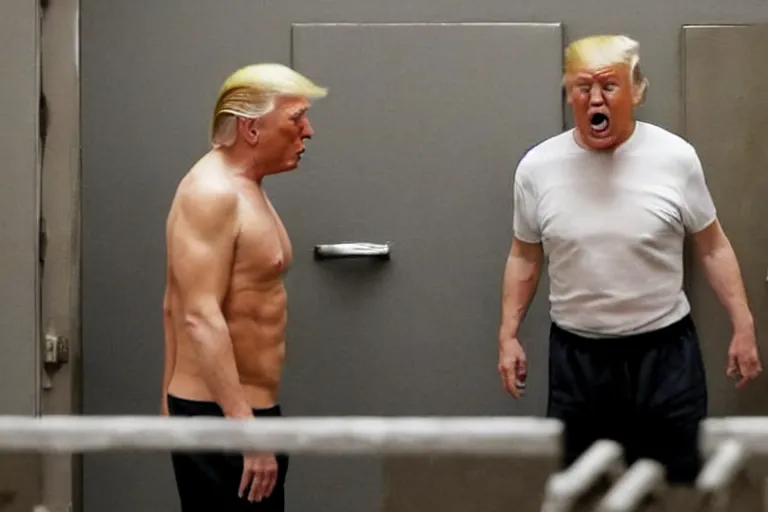 Image similar to Donald Trump in tanktop and sweat pants crying in jail cell, a reuters photo