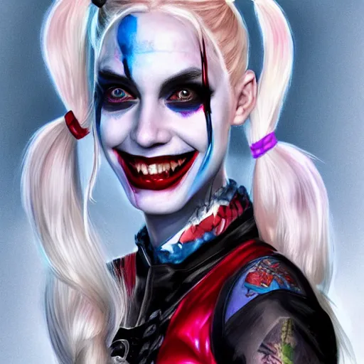 Image similar to Harley Quinn from the suicide squad, portrait, playful, fantasy, medieval, beautiful face, vivid colrs, elegant, concept art, sharp focus, digital art, Hyper-realistic, 4K, Unreal Engine, Highly Detailed, HD, Dramatic Lighting by Brom, trending on Artstation,