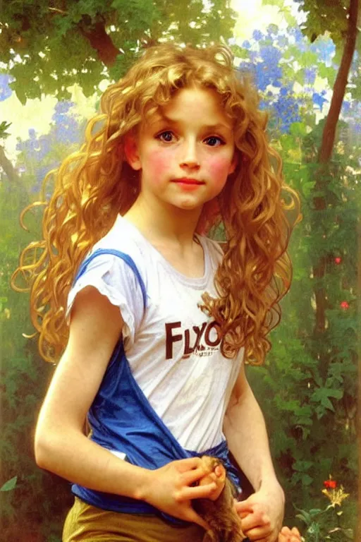 Prompt: a seven - year old with long curly dirty blonde hair, blue eyes, tan skin a tee shirt and shorts, playing with foxes, painting by daniel gerhartz, alphonse mucha, bouguereau, detailed art, accurate facial details, no blush, artstation