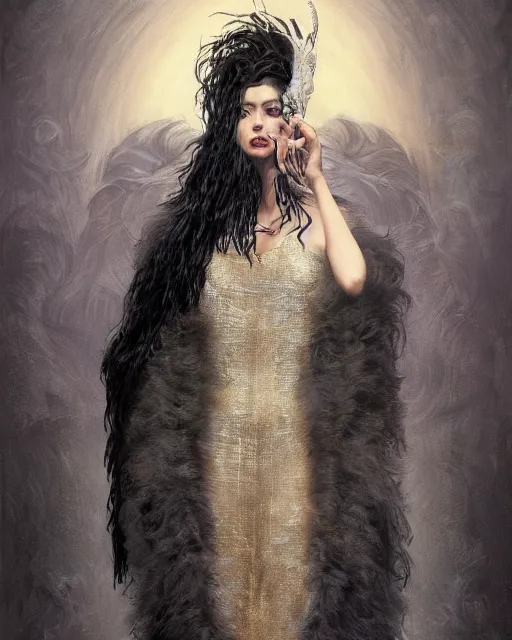 Image similar to a portrait of black shadow nightmare human monster, covered in long fur, long black velvet gown, gold necklaces, illustration, dramatic lighting, soft details, painting oil on canvas, art nouveau, octane render, HDR, 4k, 8k, HD, by Edmund Blair Leighton, Brom, Charlie Bowater, trending on artstation, Tom Bagshaw, faces by otto Schmidt