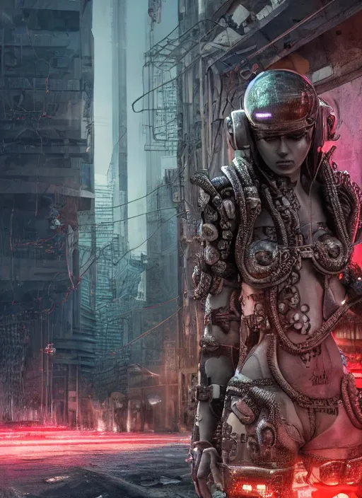 Image similar to hyperrealism, detailed textures, photorealistic 3 d cyberpunk octopus queen in apocalyptic city, futuristic clothing and helmet, ultra realistic, cinematic, intricate, low light, unreal engine 8 k