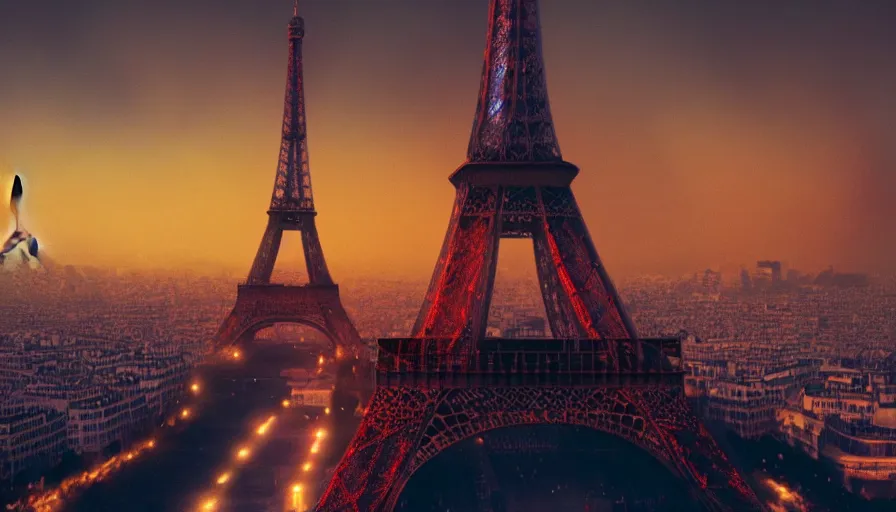 Image similar to heat wave over empty paris, volumetric light, eiffel tower light, hyperdetailed, artstation, cgsociety, 8 k