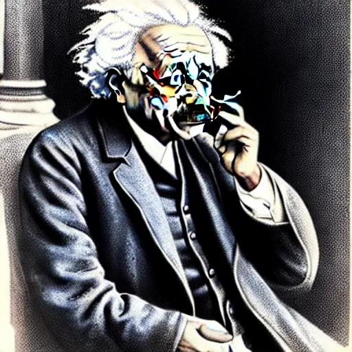 Image similar to Albert Einstein smoking a cigar while holding a bottle of wine in his hand, sitting on a bench in the park, highly detailed, full body, sad atmosphere, blue tint, in the style of Roberto Ferri