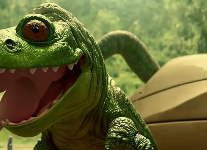 Image similar to film still of yoshi in the new sci - fi movie, cute upright dinosaur with a small turtle shell and long tongue, 8 k