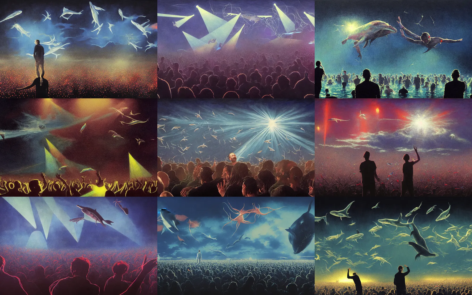 Prompt: thom yorke seeing weird fishes swimming in the air while he plays with radiohead at a festival at sundown, whales, dolphins, mantis and swordfishes, painting by greg rutkowski and thomas kinkade and norman rockwell, low light, volumetric light, audience and crowdsurfing and laser show at a festival in the background, global illumination