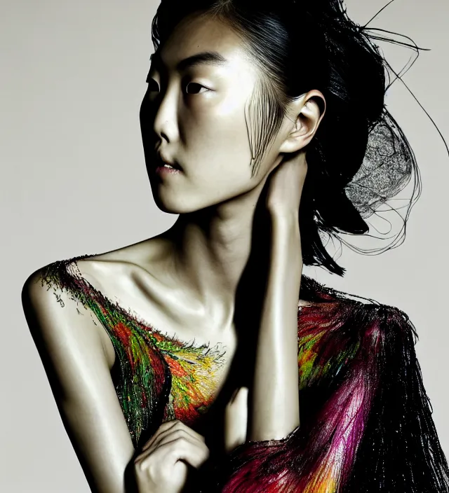 Prompt: photography american portrait of liu wen, natural background, sensual lighting, natural fragile pose, wearing stunning dress by iris van herpen, with a colorfull makeup. highly detailed, skin grain detail, photography by paolo roversi, nick knight, helmut newton, avedon, araki