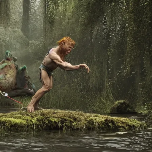 Image similar to Zelenskiy fights gollum on swamp, thunderstorn, realistic , 8k,