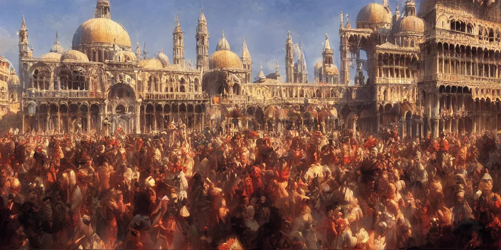 Image similar to Renaissance Venice in summer, fantasy, festivities, dancing people in the crowd, Matte Painting, evening, Craig Mullins