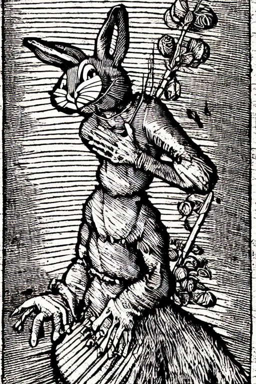 Image similar to bugs bunny of the apocalypse, pen and ink illustration / renaissance woodcut by albrecht durer 1 4 9 6, 1 2 0 0 dpi scan, ultrasharp detail, hq scan, intricate details, stylized border