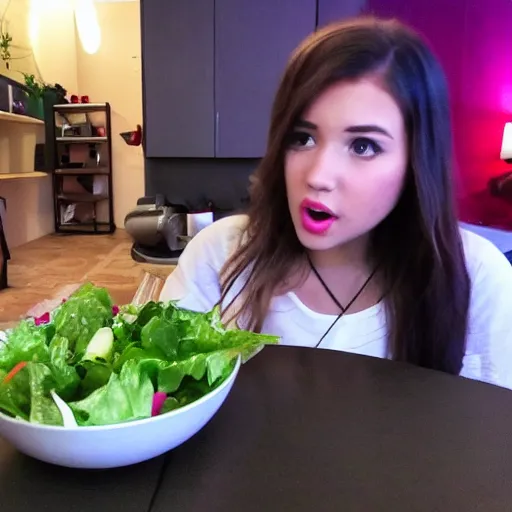 Prompt: pokimane eating salad, livestream recording