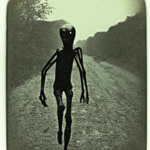 Prompt: A 1900's polaroid of a creepypasta tall slender spindly monster running towards the camera