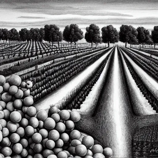 Image similar to Hyperrealism traditional austian vineyard work, painting by MC Escher