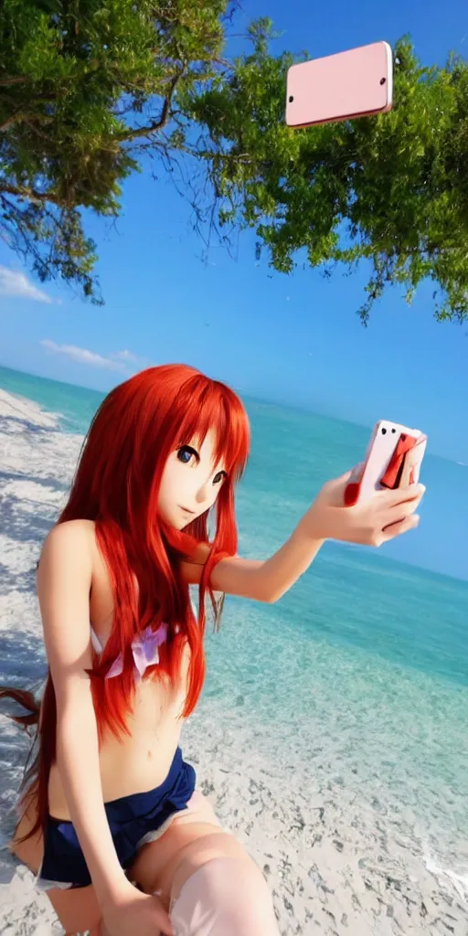 Prompt: anime girl selfie at the beach, anime