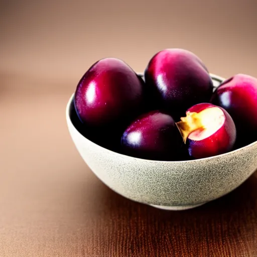 Prompt: photo of a thick porcelain bowl filled with a few moist freshly picked plums on a wooden table. volumetric lighting. 4 k. small scale. realistic. top down.