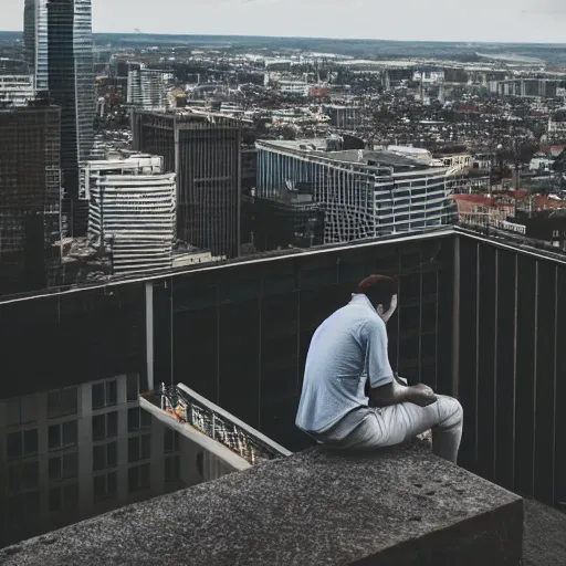 Prompt: a man sitting on the edge of a tall building. just observing