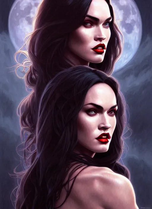 Image similar to portrait of megan fox as vampire queen, bats, dracula, blood, full moon, intricate, headshot, highly detailed, digital painting, artstation, concept art, sharp focus, cinematic lighting, illustration, art by artgerm and greg rutkowski, alphonse mucha, cgsociety