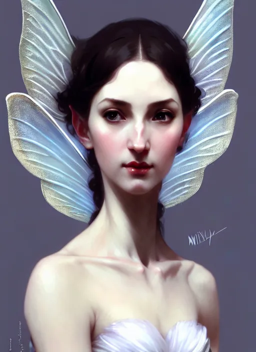 Prompt: character concept portrait of a fairy with pointy ears and an elegant gown, pale face, intricate, elegant, digital painting, concept art, smooth, sharp focus, illustration, from Metal Gear, by Ruan Jia and Mandy Jurgens and William-Adolphe Bouguereau, Artgerm