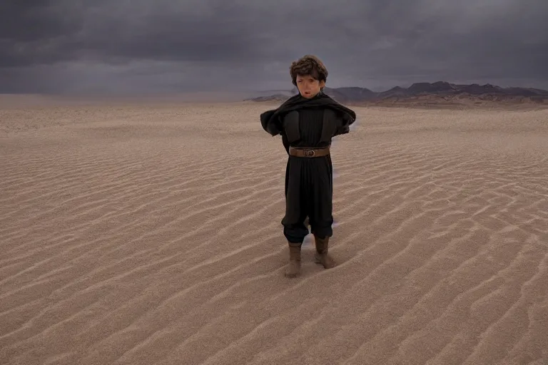 Prompt: a cinematic wide angle shot of a boy in the movie dune, in a serene vast desert, stormy weather, dry, film still, cinematic, movie still, dramatic lighting, by zack snyder