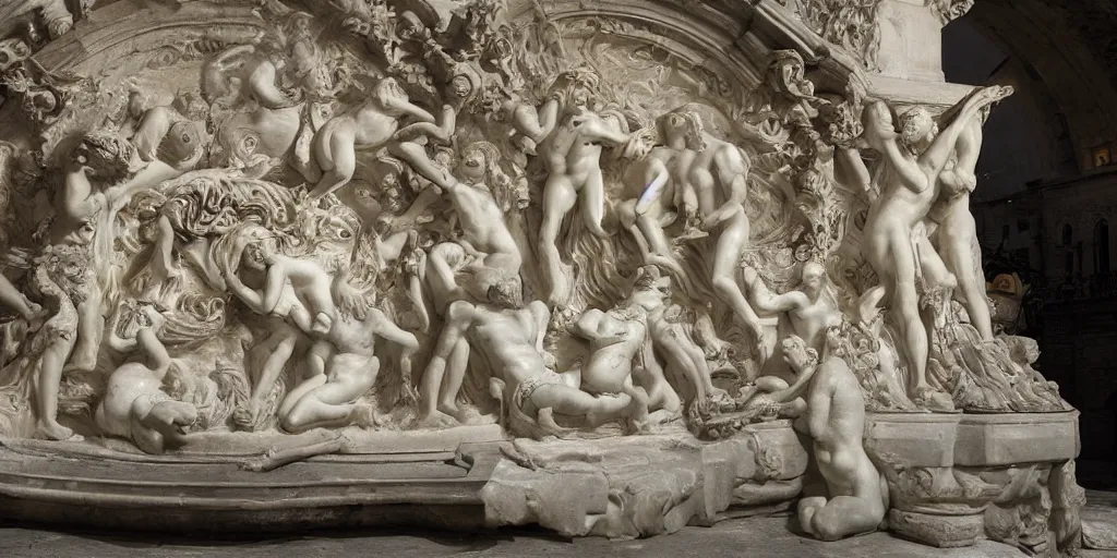 Image similar to Fontana delle Tette 1559-1560, rebirth symbolism, wide angle, cinematic atmosphere, elaborate, UV, Blacklight, highly detailed, dramatic lighting