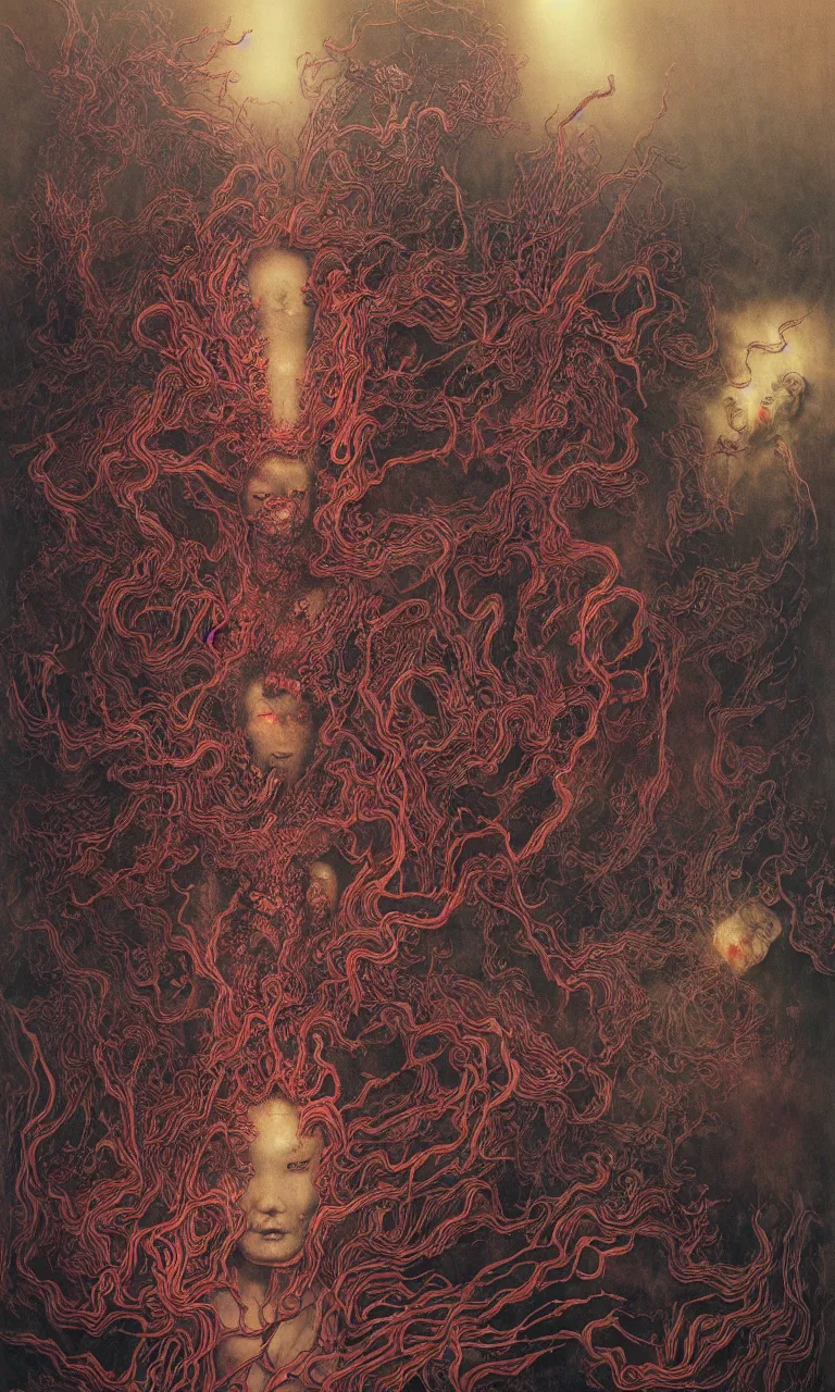 Image similar to zhongyuan festival, chinese ghost festival, king of hell, inside page of comic book, psychedelic lights and fog, in the style of zdzislaw beksinski, ayami kojima, takato yamamoto, barclay shaw, karol bak, glowing light and shadow, hyperrealist