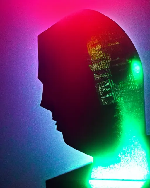 Image similar to dramatic cyberpunk portrait of a metallic featureless statue, crystalline, red glow, green glow, blue glow, atmospheric haze, intense shading, chromatic aberration, glitch, backlit, bokeh, centered