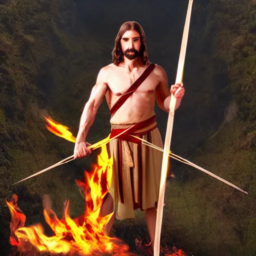 Prompt: Jesus Christ as Rambo holding a Bow and Flaming Arrow, full body, photography, 4K