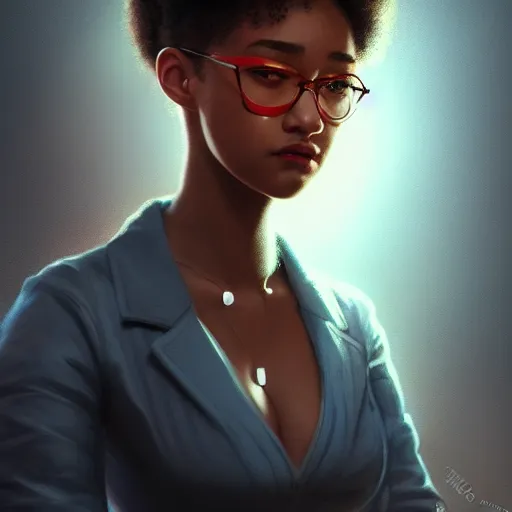 Prompt: an insanely detailed portrait of a beautiful inventor that looks like amandla stenberg with short straight red hair, wearing dorky clothes, in the style of peter mohrbacher, artgerm, dramatic lighting and composition, octane render, trending on artstation, concept art