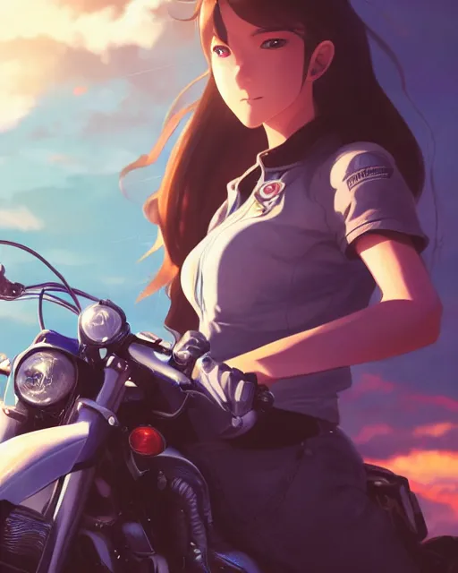 Prompt: a girl riding a motorcycle, full shot, atmospheric lighting, detailed face, by makoto shinkai, stanley artgerm lau, wlop, rossdraws