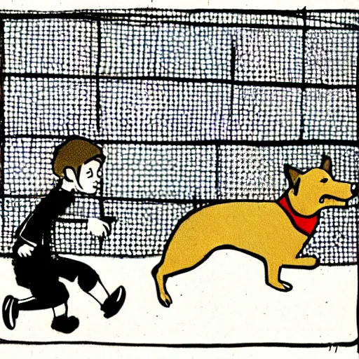 Image similar to illustration of french boy on the streets of paris playing football against a corgi, the dog is wearing a polka dot scarf, comic, 1 9 7 2