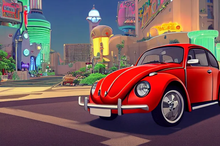 Image similar to a wholesome animation key shot of!! one!! focused!! vw beetle superbug!! in shiny reflective stainless steel, in a las vegas street, medium shot, studio ghibli, ( pixar ) and disney animation, sharp, very detailed, high resolution, rendered in unreal engine 5, anime key art by greg rutkowski, bloom, dramatic lighting