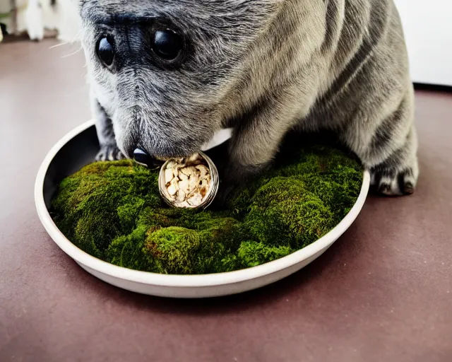 Image similar to big pet tardigrade eating from a food bowl full of moss, cute pet photos, home photography, award - winning pet