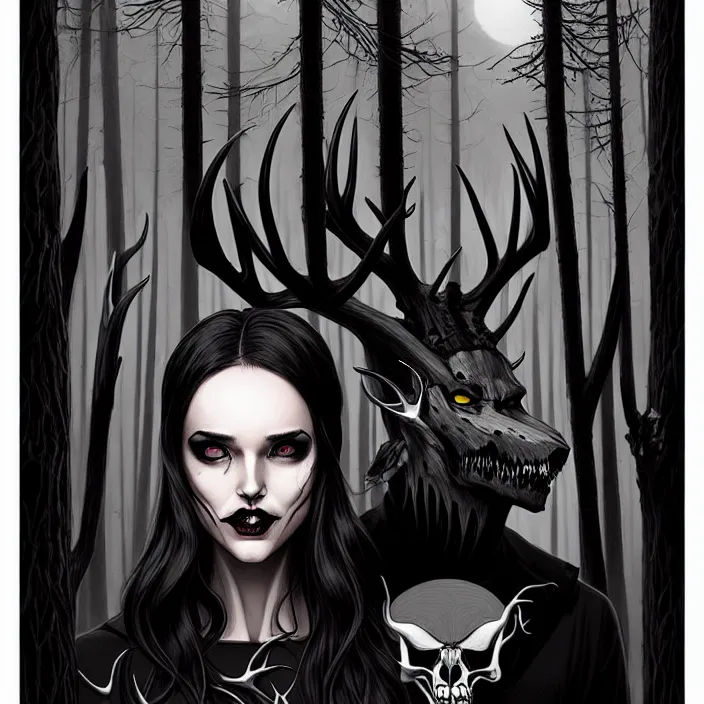 Image similar to style artgerm, joshua middleton, artgerm, rafael albuquerque : : scary wendigo with antlers and skull face mixed with werewolf : : [ [ beautiful witch wearing a black dress, symmetrical face, on the right side ] ] : : in the forest, detailed, dark and foggy, cinematic lighting