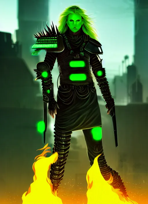 Prompt: a striking cinematic full body portrait of a male warrior with long blonde hair and blue eyes wearing evil green spiked cyberpunk armour and standing in the desolate burning ruins of a futuristic city by hirohiko araki and beeple, fine details, digital art, character concept art, volumetric lighting, cinematic light