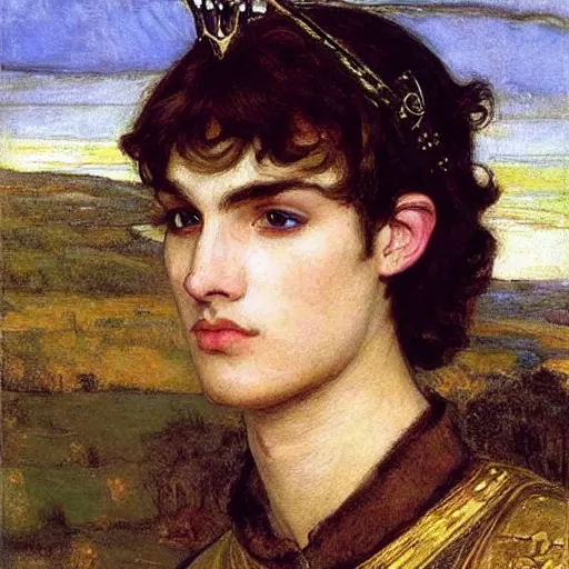 Image similar to painting of handsome beautiful medieval prince in his 2 0 s named shadow wearing a golden crown, elegant, clear, sharp focus, painting, stylized, art, art by john everett millais, john william waterhouse