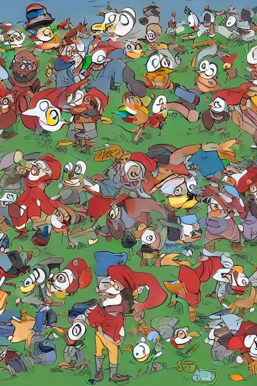 Prompt: concept art, full frontal page, finding waldo but he is a duck, highly detailed, 8k