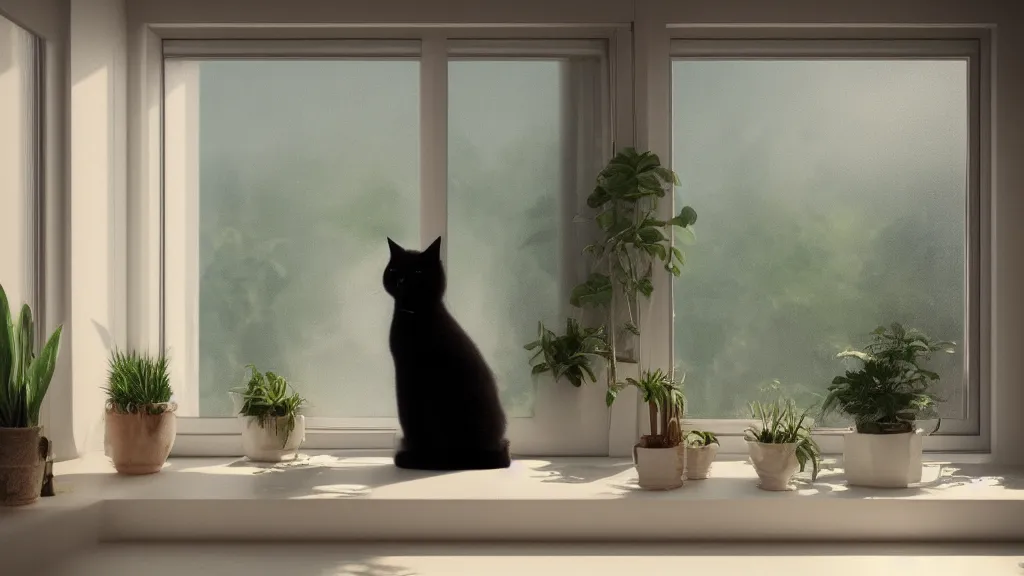 Prompt: peaceful dreamy painting of a black cat sitting by a window and looking outside, sunshine coming through the window, small plants on the window sill, 8k, hyper realism, trending on artstation, octane render