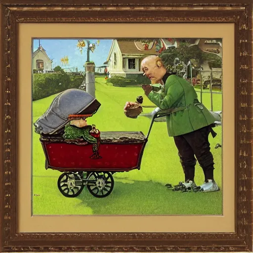 Image similar to pepe the frog with baby carriage by norman rockwell