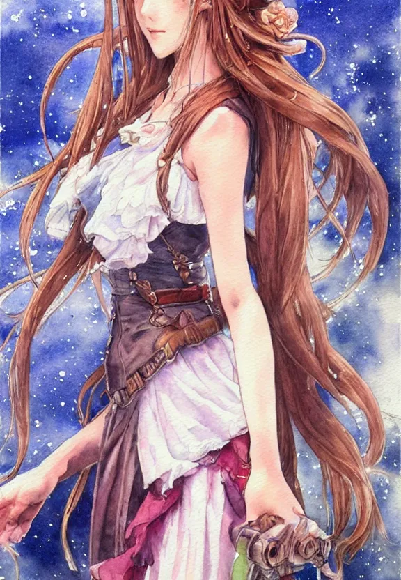 Image similar to a full - body watercolor painting of aerith gainsborough!!!!!! by yoshitaka amano, highly detailed, intricate, trending on artstation, award - winning