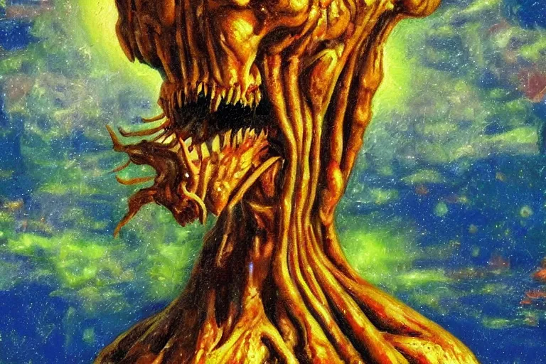 Prompt: a tall terrifying alien. in the style of american impressionism painting.