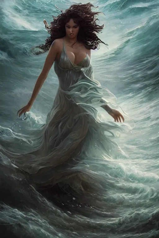 Image similar to beautiful powerful water goddess clothed in a swirling gown strides through a stormy sea, detailed matte fantasy portrait, dynamic lighting, bokeh backdrop, by greg rutkowski, by peter mohrbacher, by brom