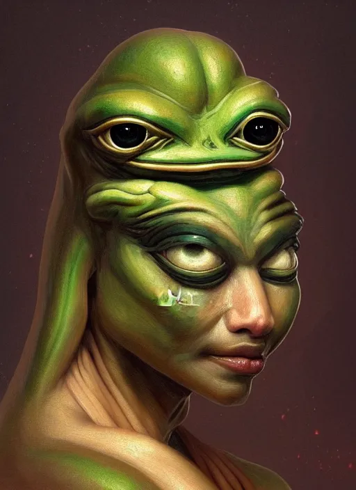 Prompt: 4 chan pepe, ancient egyptian god kek, sad, portrait, intricate, elegant, highly detailed, digital painting, artstation, concept art, wallpaper, smooth, sharp focus, illustration, art by h. r. giger and artgerm and greg rutkowski and alphonse mucha