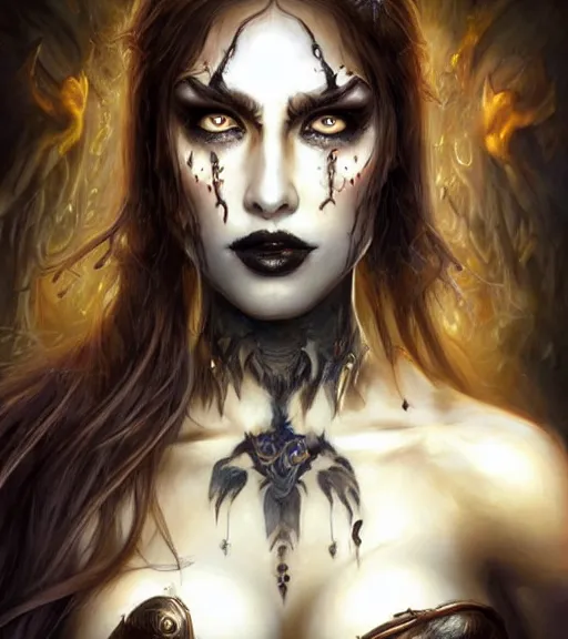 Image similar to a higly detailed full body shot and face portrait painting of a grim female sorceress with piercing eyes beautiful eyes, dynamic lighting, ambient lighting, deviantart, art by artgerm and karol bak and mark brooks