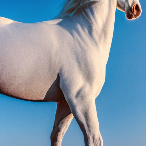 Image similar to photo of white arabic horse, blue soft background with sun set