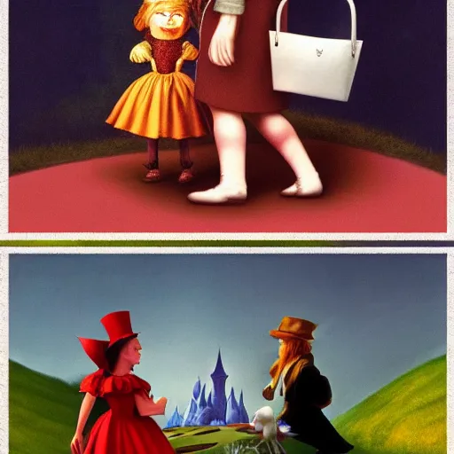 Prompt: Alice in Wonderland and Wizard of Oz by Raphael, Hopper, and Rene Magritte. detailed, romantic, enchanting, trending on artstation.