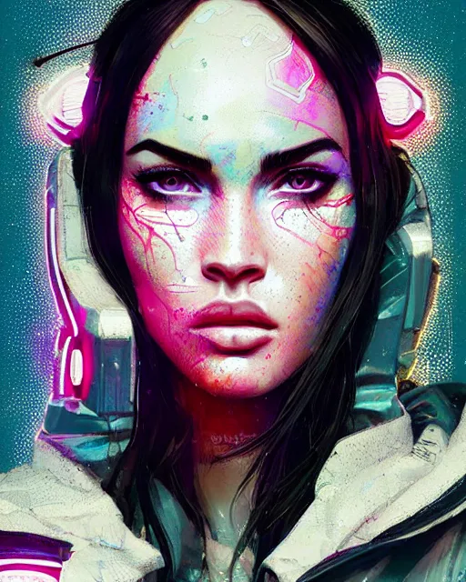 Image similar to detailed portrait Megan Fox Neon Operator Girl, cyberpunk futuristic neon, reflective puffy coat, decorated with traditional Japanese ornaments by Ismail inceoglu dragan bibin hans thoma greg rutkowski Alexandros Pyromallis Nekro Rene Maritte Illustrated, Perfect face, fine details, realistic shaded, fine-face, pretty face