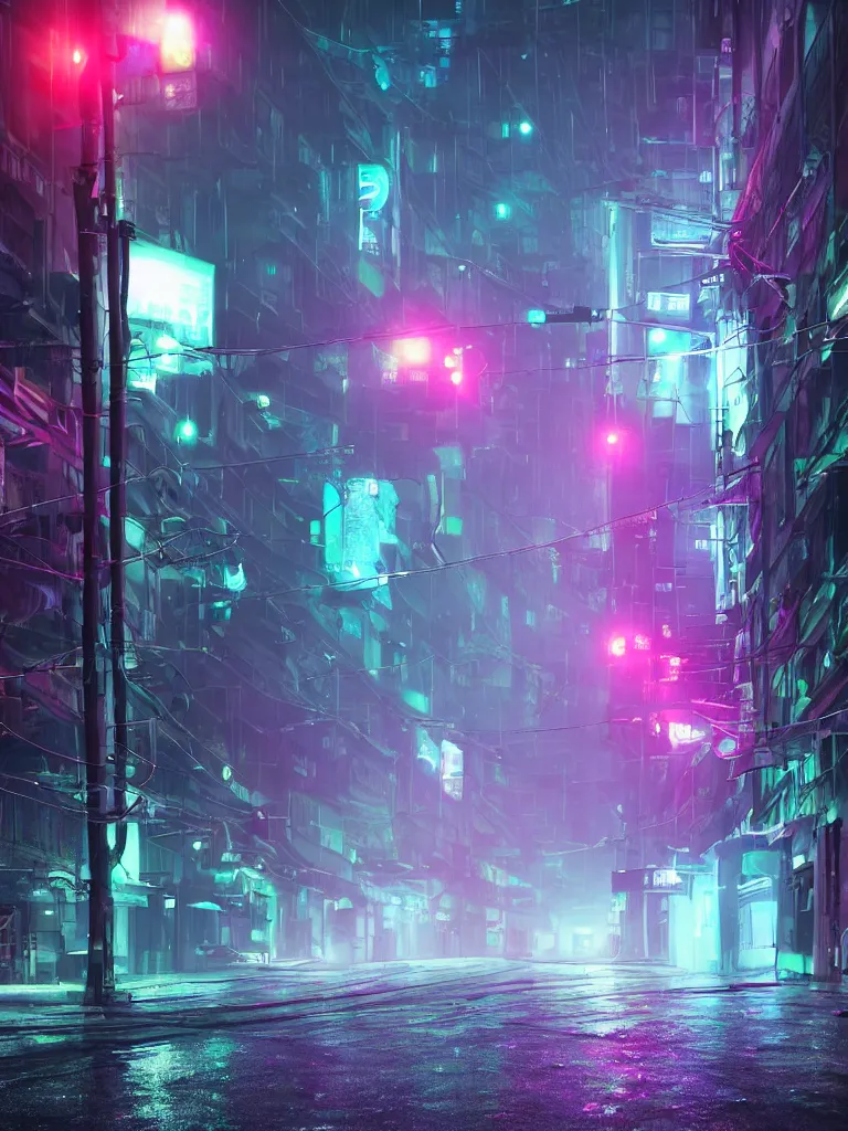 Prompt: neonpunk street, hanging cables, narrow, garbadge on the ground. rain. fog, haze, evening. led screens. very messy. futuristic. photorealistic